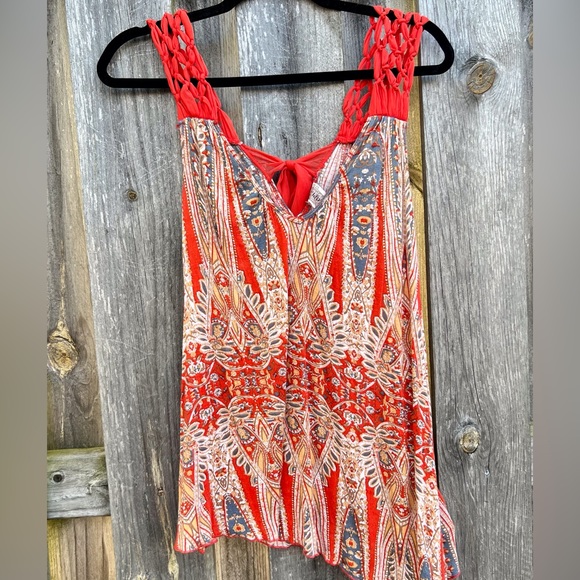 Free People Red Abstract Ethnic Tribal Pattern top braided lace straps Sz xs - Picture 2 of 6